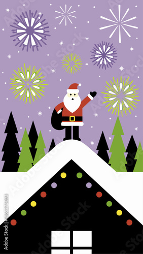 Santa on Snowy Rooftop with Fireworks Celebration
