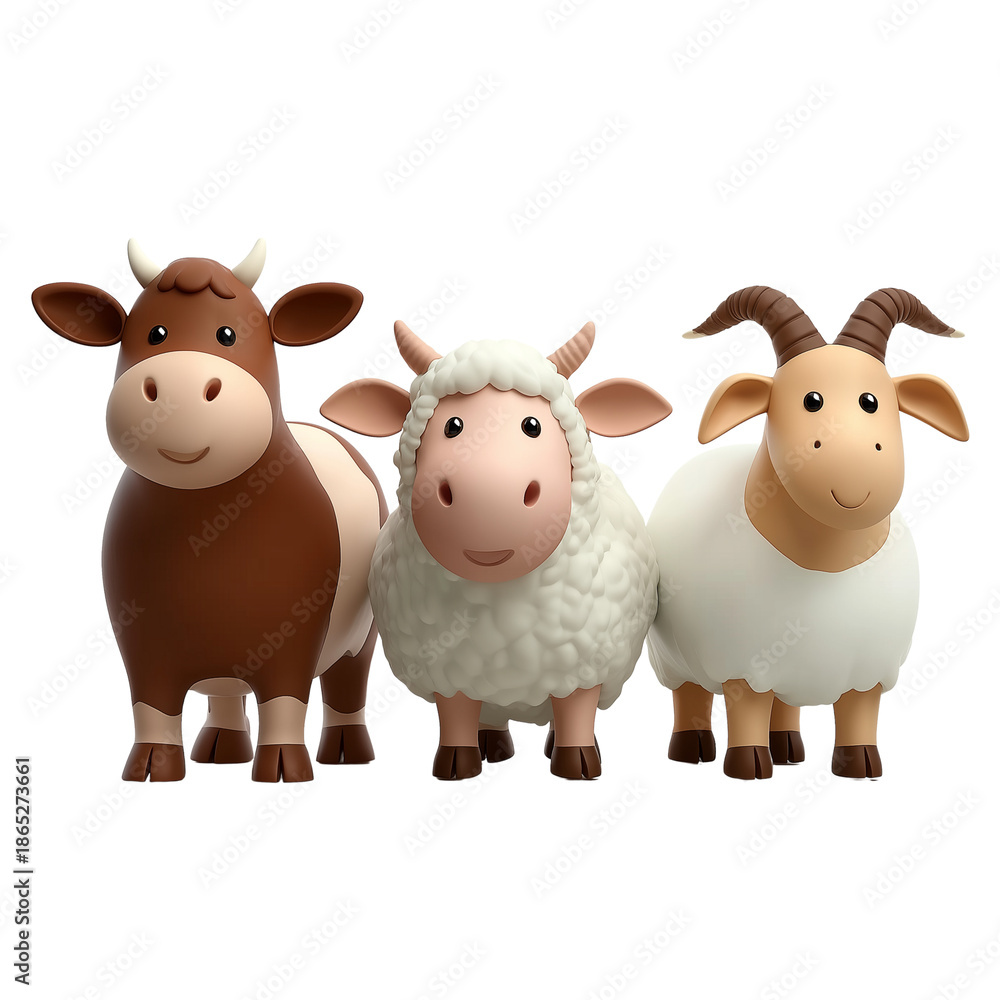 Fototapeta premium Three Cartoon Farm Animals sheep isolated on a transparent background