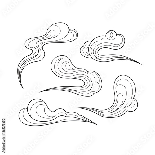 Swirling Clouds Isolated on White Background, Line Art Illustration