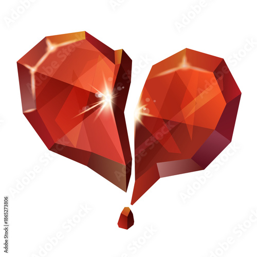 Vector illustration of a broken red crystal heart symbolizing pain, breakup and lost love.
