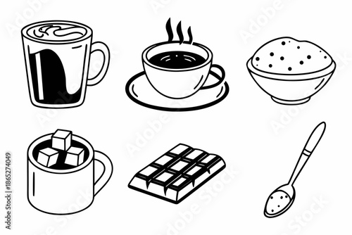 Hot Beverages, Chocolate, and Sweeteners Line Art Icons Set