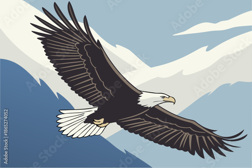 Majestic Bald Eagle Soaring Gracefully Above Mountain Peaks