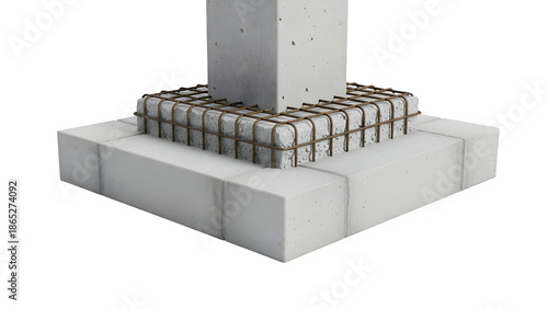 3d rendering of a reinforced concrete column base showing rebar cage connection to the foundation footing isolated on transparent background