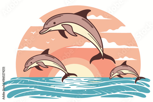 Playful Dolphins Leaping from Ocean Waves at Sunset