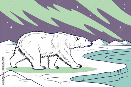Polar Bear Walking Under Northern Lights in Arctic Landscape