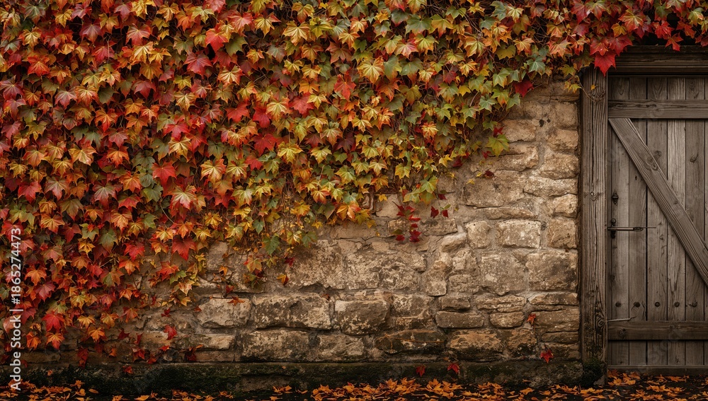 Fototapeta premium Vivid autumn ivy climbing a surface, highlighting seasonal foliage in fall