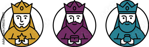  Three Wise Men Magi Kings Epiphany Portrait Icons Crown Robes Flat Vector Illustration Set