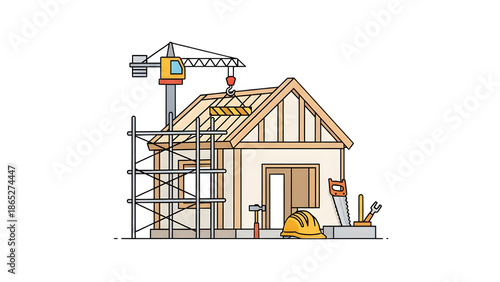 Illustration of a house under construction with scaffolding and a crane, symbolizing building and development isolated on transparent background