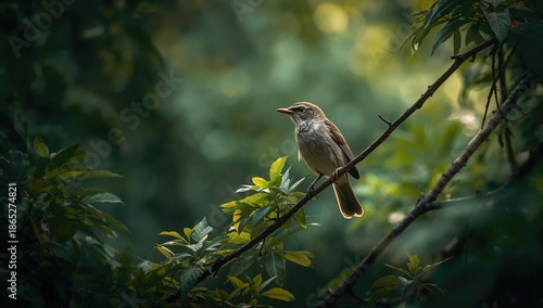 Jungle babbler perched among foliage, focusing on species identification and habitat, Indian subcontinent biodiversity