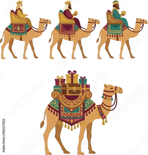 Three Kings Camel Caravan Desert Journey Wise Men Travel Epiphany Vector Icons Set