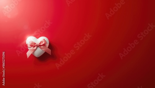 Red background featuring a white heart adorned with a pink satin bow, suitable for celebration banners for Valentine's Day, Women's Day, and Mother's Day