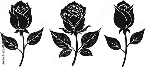 Set of rose buds silhouette, black and white illustration