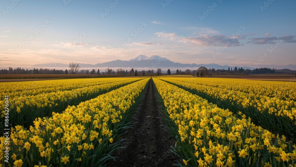 Obraz premium Morning sunlight bathes vibrant daffodil crops in spring in the Skagit Valley, used as a natural backdrop for landscape photography