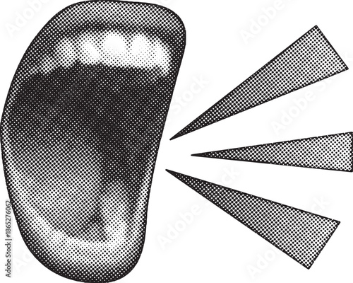 Woman mouth hurlement as retro halftone collage elements. Mouth in scream in halftone texture, dotted pop art style vector illustration