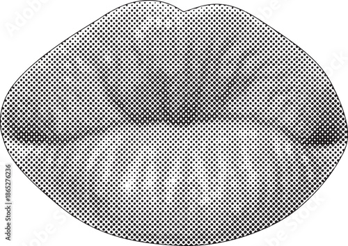 Woman lip kiss as retro halftone collage elements. Mouth in scream in halftone texture, dotted pop art style vector illustration