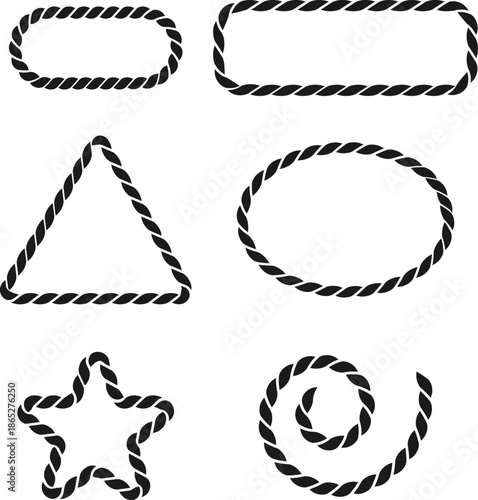 Set of rope frames and borders. Rectangle, circle, oval, square, triangle shapes