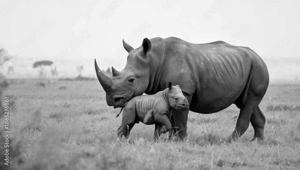 Fototapeta premium Wild Black rhinoceros and calf, species preservation, World Wildlife Day