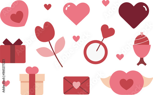 Collection of hearts and gifts in flat style