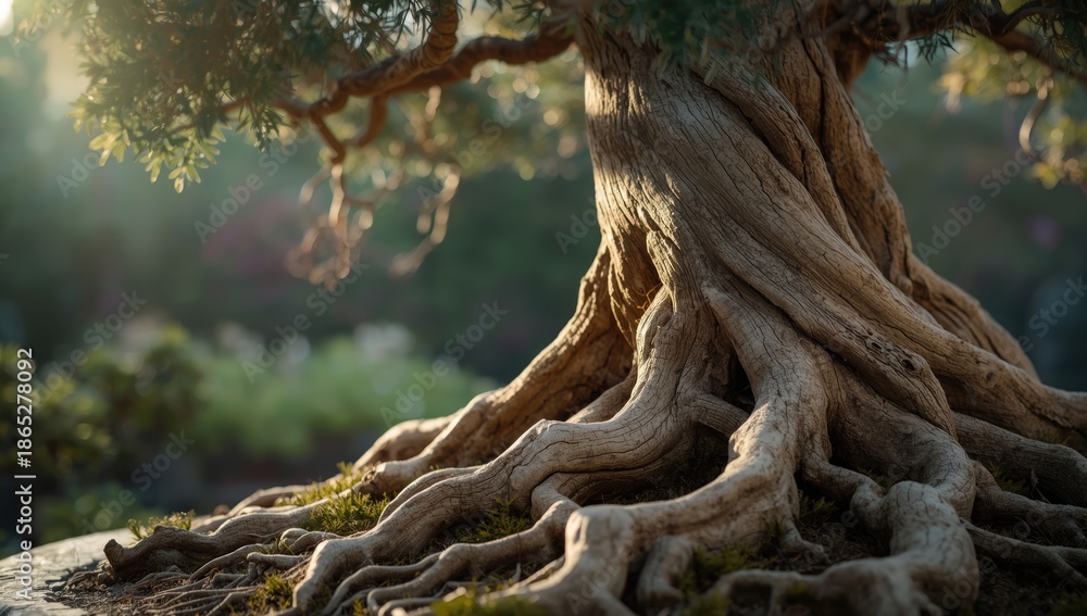 Fototapeta premium Detailed shot of a bonsai's trunk and roots highlighting root structure and growth, ideal for botanical layouts