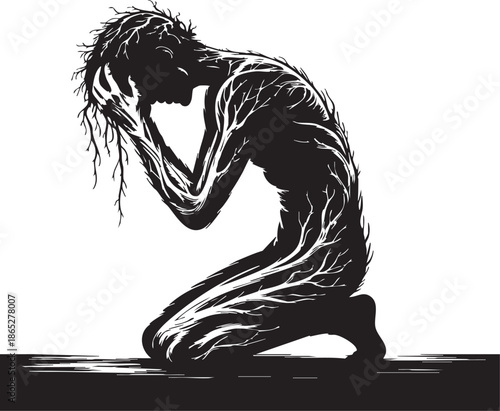 Human figure kneels in distress as roots emerge from body symbolizing emotional pain and struggle in a powerful black and white illustration representing mental health anxiety and depression.