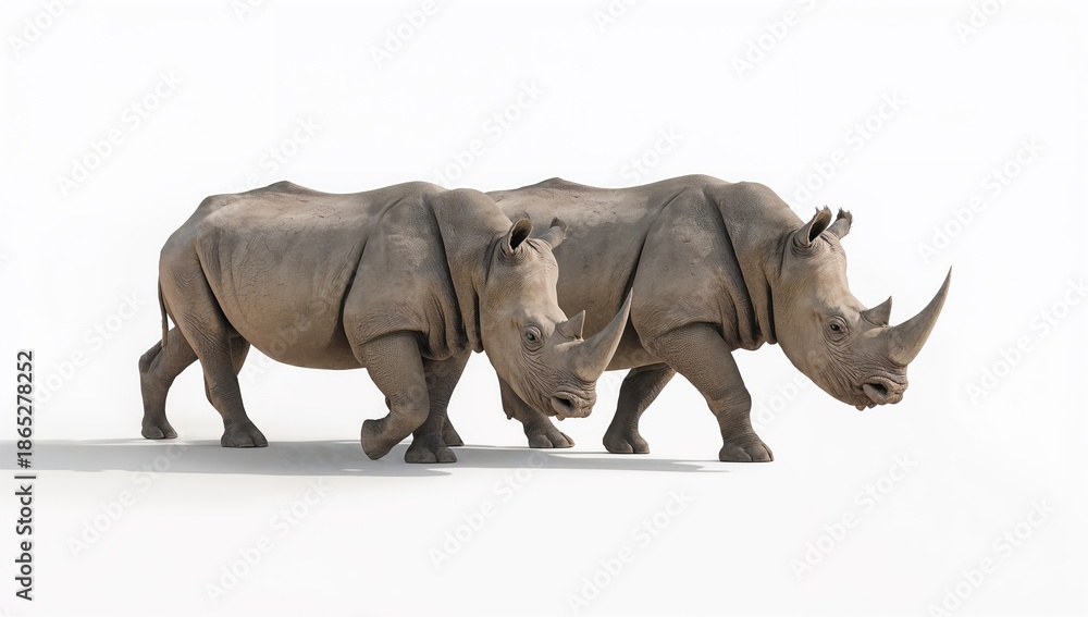 Obraz premium Two white rhinoceros moving in single file, highlighting wildlife protection efforts