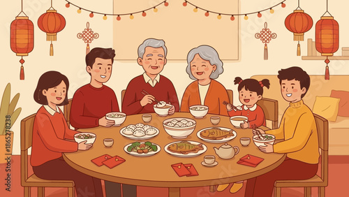 A happy family enjoying a traditional Chinese meal together at home