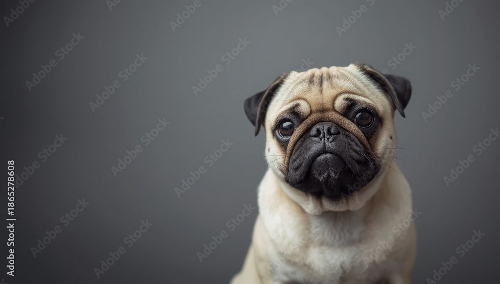 Obraz premium Portrait of a forlorn pug with a wrinkled face and sad eyes, highlighting dog mood and posture