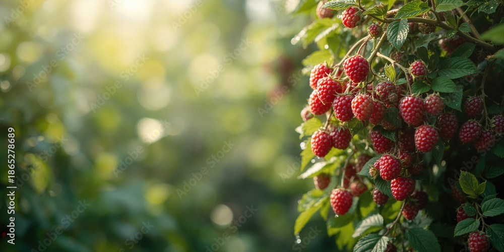 Obraz premium Raspberry plant bearing ripe berries, highlighting seasonal fruit picking for dessert ingredients, Earth Day