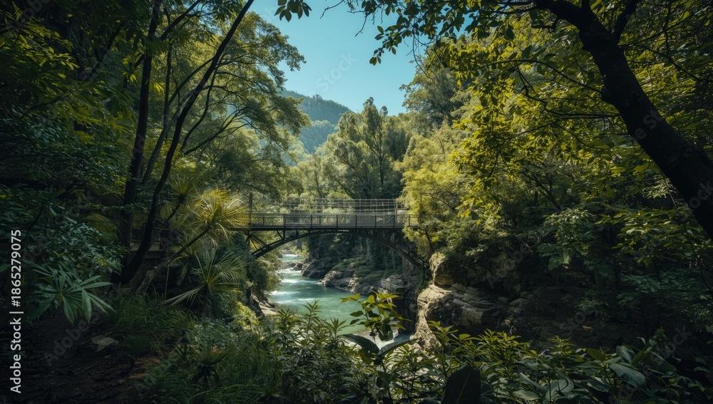 Obraz premium Extensive bridge crossing a wooded area with towering trees, infrastructure in natural surroundings