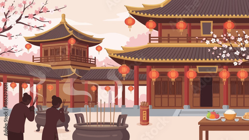 A serene vector illustration of a traditional Chinese temple courtyard with people and offerings