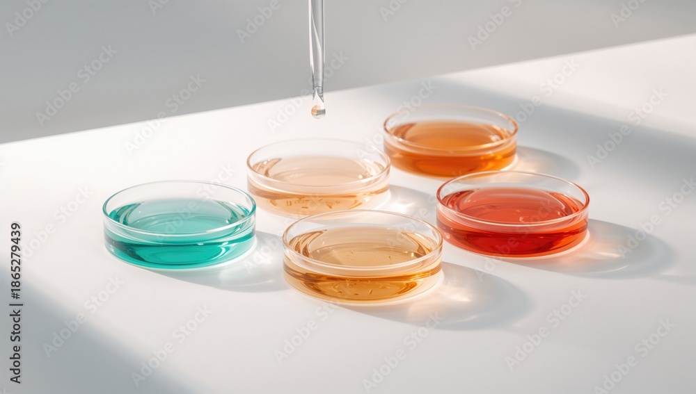 Obraz premium Petri dishes containing serum on a bright surface for cosmetic testing, focusing on laboratory procedures