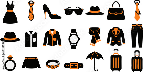 Travel Packing List and Outfit Essentials Icons Set for Checklist, Planner and UI Design