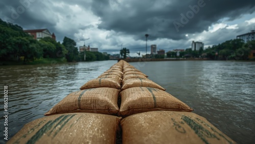 Flood control sandbag barrier on the Tha Chin River in Nakhon Pathom Province, flood preparedness in flood season