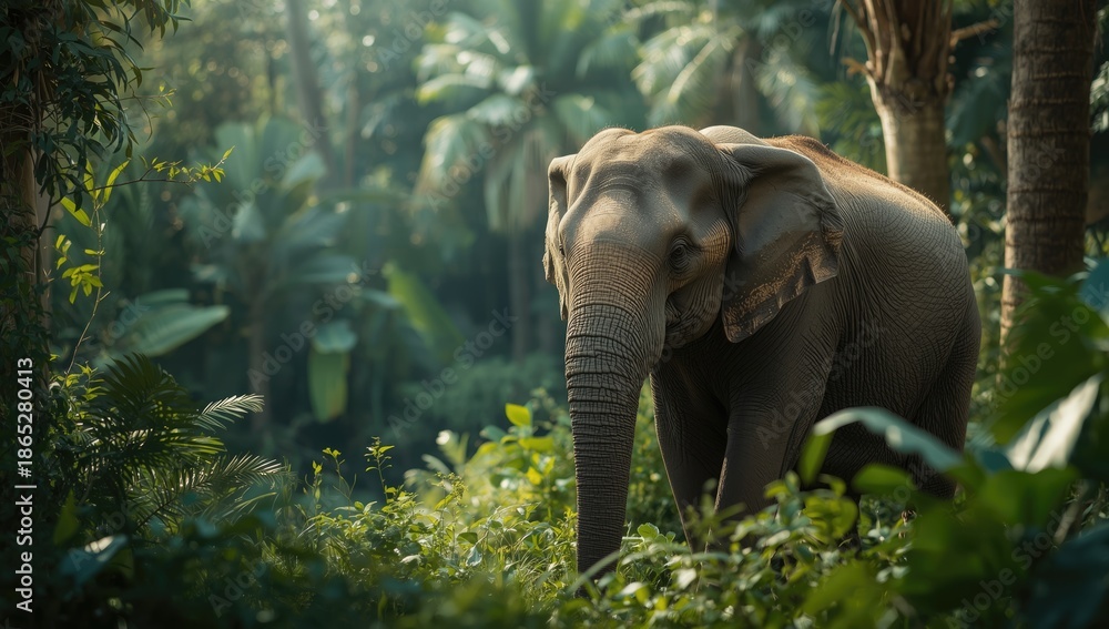 Fototapeta premium Wild elephant navigating dense forest, highlighting conservation efforts