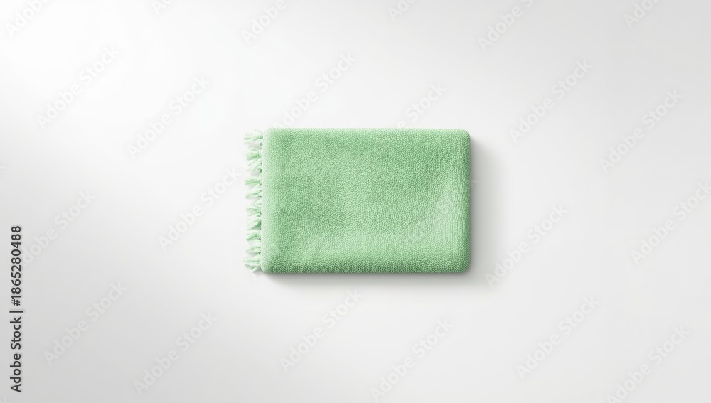 Fototapeta premium Isolated green microfiber cloth on white, used for cleaning tasks, focusing on surface care and hygiene, World Cleaning Day