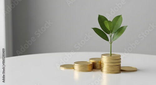 Plant seedling growing from stacked gold coins representing investment, finance growth, and savings success on a white table.