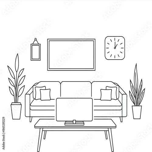 Minimal line-art living room with sofa, television, plants, wall decor, and clock in modern style