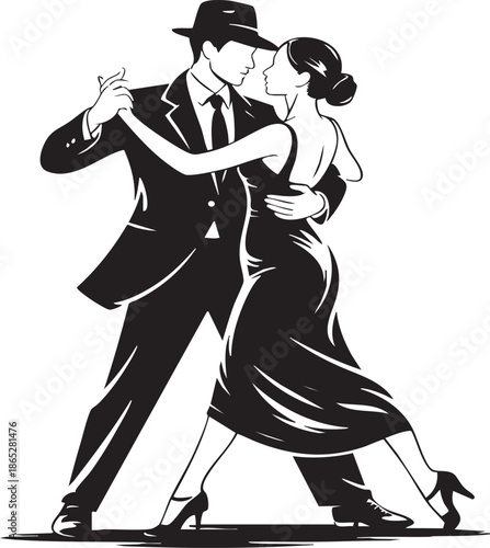 Elegantly dressed couple passionately dancing tango together in a graceful embrace wearing formal attire.