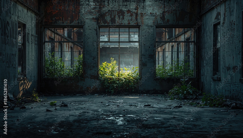 Fototapeta premium Dilapidated building with shattered windows, highlighting neglect and decay in urban environments