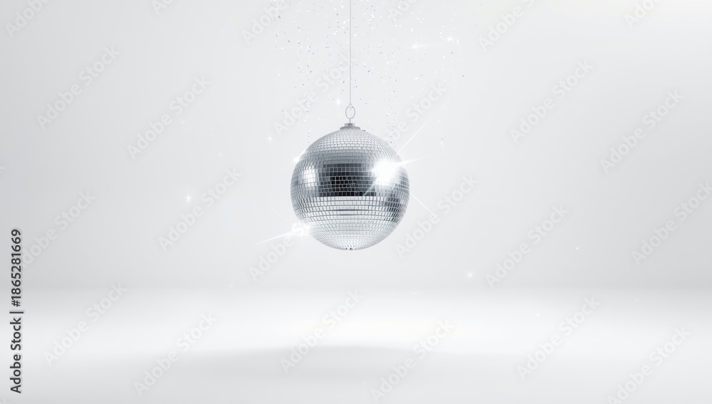 Single disco ball suspended on a plain white background, suitable for event decoration or thematic layouts, World Disco Day