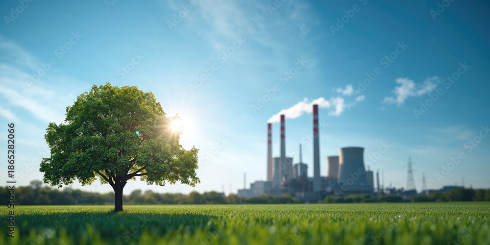 Obraz premium Power plant with tree, highlighting eco-friendly energy solutions and low carbon emissions, Earth Day