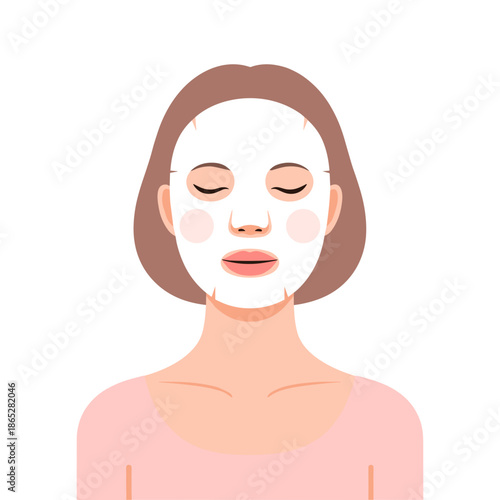 Woman applying sheet mask with closed eyes in minimalist style  