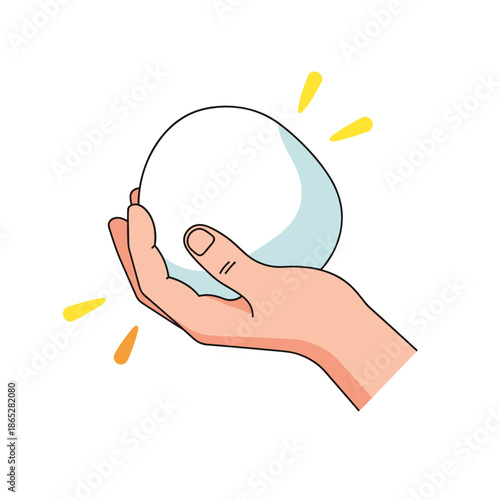 Hand holding a snowball with glowing effects and white background  