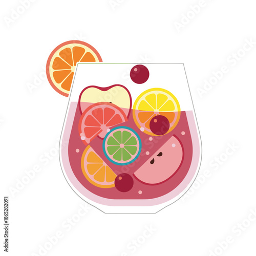 Refreshing sangria cocktail with mixed fruits in glass  