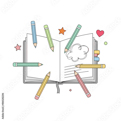 Open sketchbook surrounded by colorful pencils and doodles  