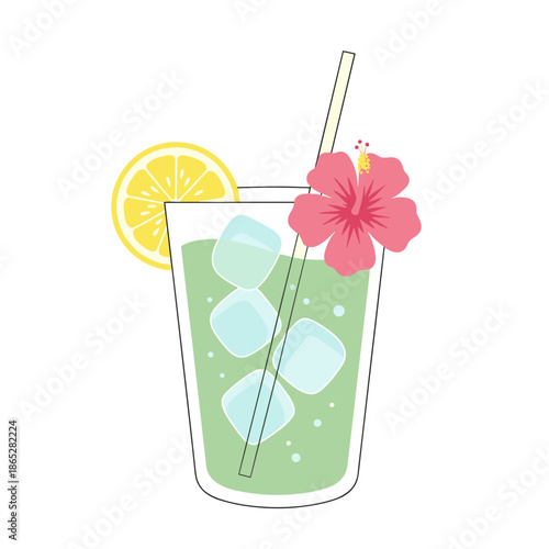 Iced green tea with lemon and hibiscus flower in clear glass  