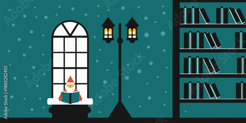 Santa in Snowy Library with Ancient Tomes