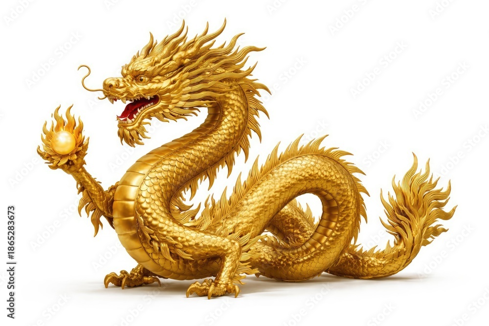 Fototapeta premium Grand golden Chinese dragon model shown on simple white background