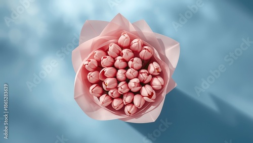 Arrangement of pink tulips in pink paper wrapping, top-down perspective highlighting perennial flowers