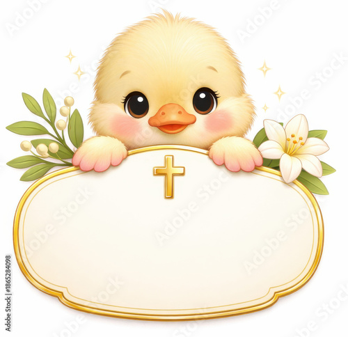 Cheerful Easter duck with soft wings and floral Christian decor around blank banner..Use for church flyers, Easter brunch invites, or springtime kids’ designs.
